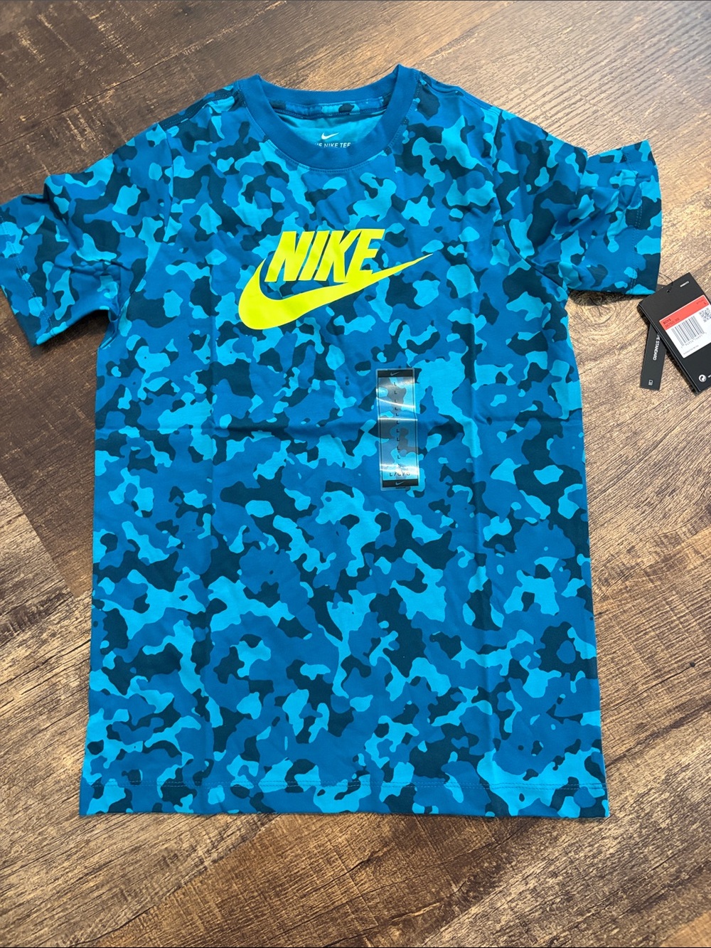 Nike Blue Camo Tee with Neon Yellow Logo